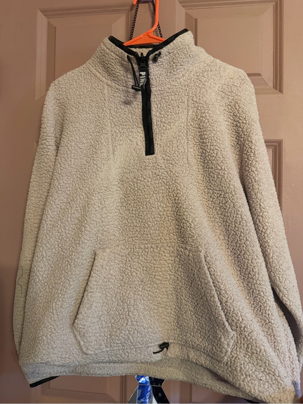 PINK Victoria's Secret Cream Sherpa Quarter-Zip Jacket with Black Trim